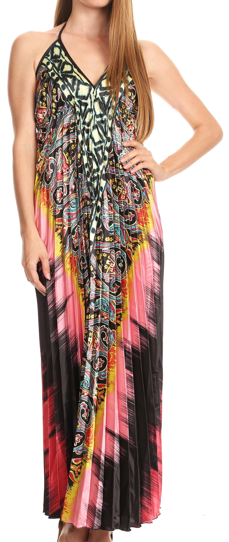 Sakkas Zira Adjustable Long Pleated Empire Waist Dress Paisley Evening Satin