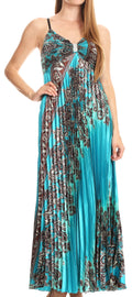 Sakkas Isa Long Pleated Adjustable Contouring Satin Dress with Spaghetti Straps#color_Turquoise