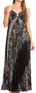 Sakkas Isa Long Pleated Adjustable Contouring Satin Dress with Spaghetti Straps#color_Black