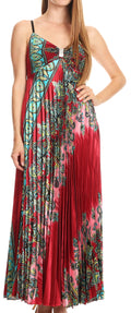 Sakkas Isa Long Pleated Adjustable Contouring Satin Dress with Spaghetti Straps#color_Burgundy