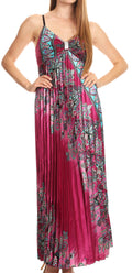 Sakkas Isa Long Pleated Adjustable Contouring Satin Dress with Spaghetti Straps#color_Fuchsia