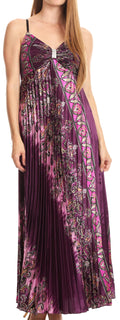Sakkas Isa Long Pleated Adjustable Contouring Satin Dress with Spaghetti Straps#color_Purple