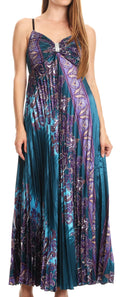 Sakkas Isa Long Pleated Adjustable Contouring Satin Dress with Spaghetti Straps#color_Teal
