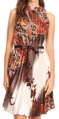 Sakkas Bettina Shift Accordion Pleated Satin Sleeveless Short Dress#color_Brown