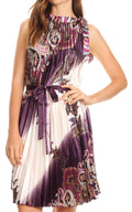 Sakkas Bettina Shift Accordion Pleated Satin Sleeveless Short Dress#color_Purple