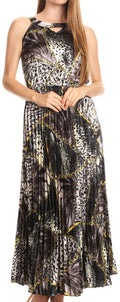 Sakkas Vanna Sleeveless Exotic Animal Print Casual Evening Dress Pleated Satin#color_Black