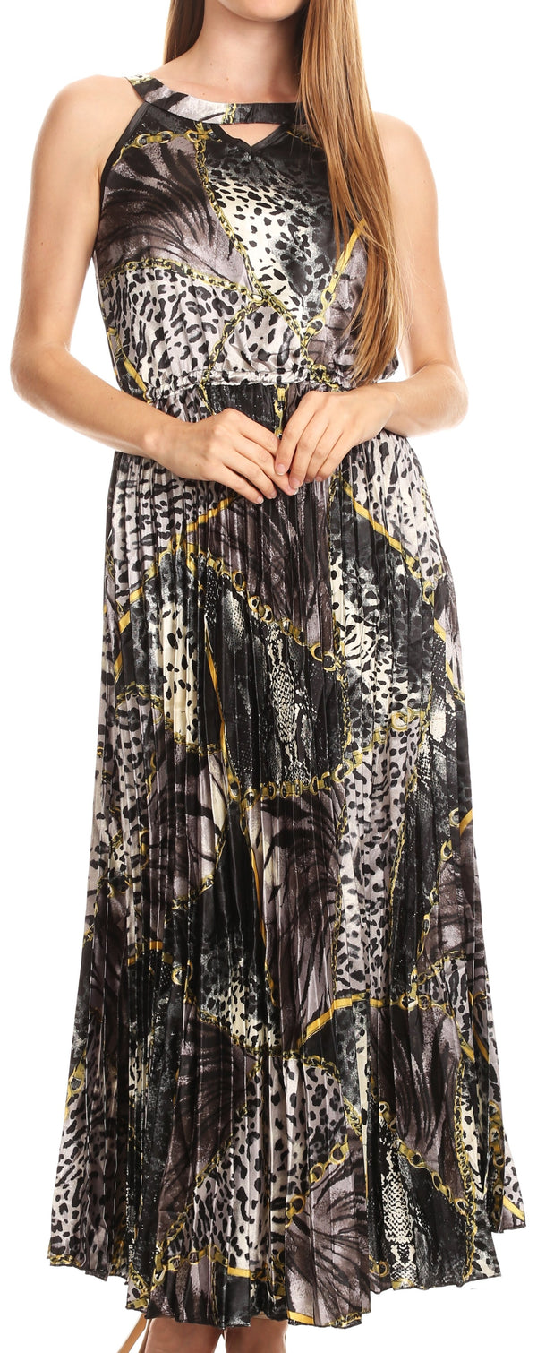 Sakkas Vanna Sleeveless Exotic Animal Print Casual Evening Dress Pleated Satin#color_Black