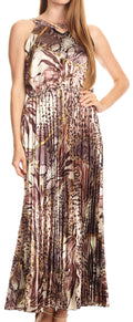Sakkas Vanna Sleeveless Exotic Animal Print Casual Evening Dress Pleated Satin#color_Brown