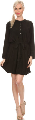 Sakkas Leslie Henley Long Sleeve Crochet Cuffed Embroidered Adjustable Tie Dress#color_Black