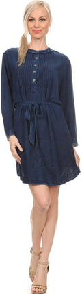Sakkas Leslie Henley Long Sleeve Crochet Cuffed Embroidered Adjustable Tie Dress#color_Blue