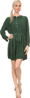 Sakkas Leslie Henley Long Sleeve Crochet Cuffed Embroidered Adjustable Tie Dress#color_Green