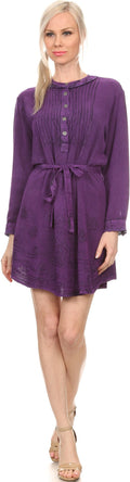 Sakkas Leslie Henley Long Sleeve Crochet Cuffed Embroidered Adjustable Tie Dress#color_Purple