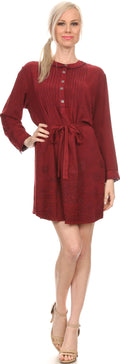 Sakkas Leslie Henley Long Sleeve Crochet Cuffed Embroidered Adjustable Tie Dress#color_Red