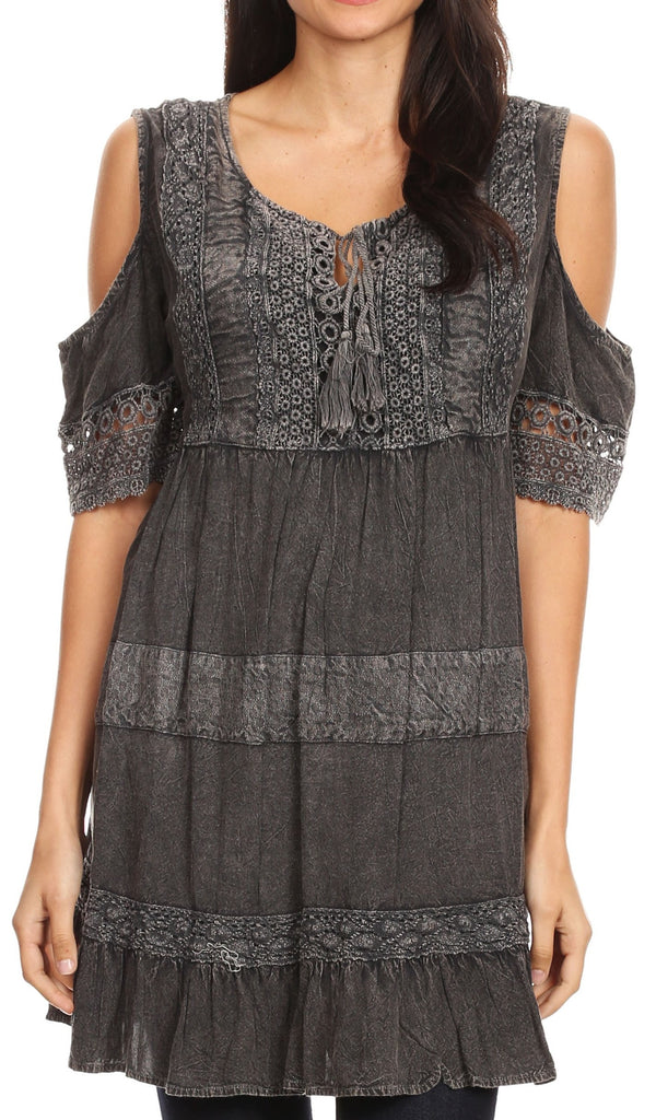 Sakkas Gerel Women's Cold Shoulder Summer Bohemian Swing Midi Dress with Ties Nice#color_Black