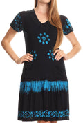 Sakkas Inci Short Shift Petite Slim Dress V-neck Short Sleeves with Batik#color_Navy/Turquoise