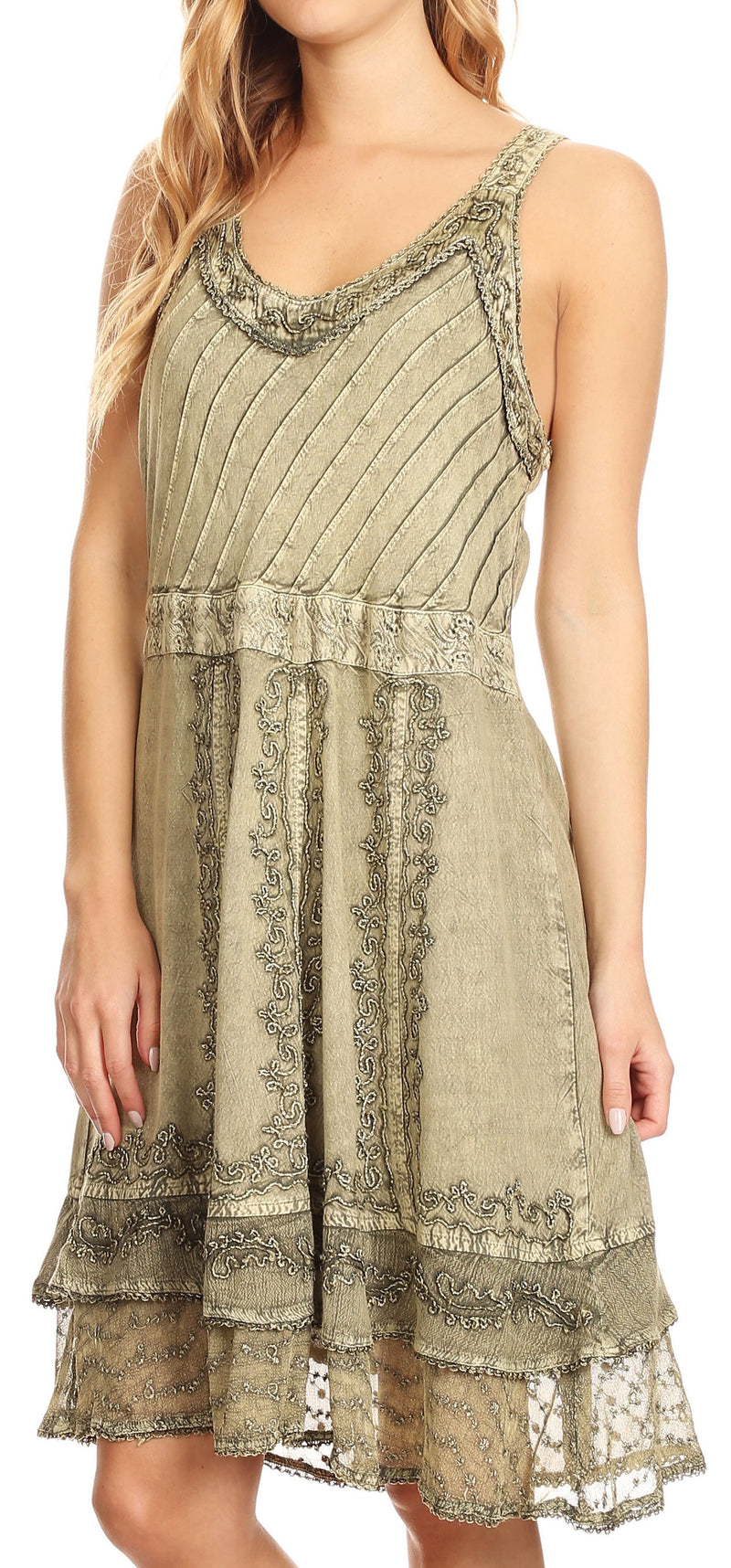 Sakkas Dalila Sleeveless Midi Dress Stonewash with Embroidery and Crochet Lace