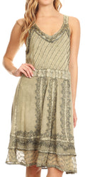 Sakkas Dalila Sleeveless Midi Dress Stonewash with Embroidery and Crochet Lace#color_Olive