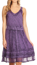 Sakkas Dalila Sleeveless Midi Dress Stonewash with Embroidery and Crochet Lace#color_Purple