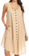 Sakkas Lina Mid Length Casual Summer Tent Swing Sleeveless Dress With Pockets#color_Beige