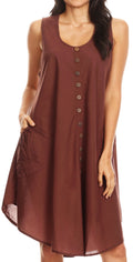 Sakkas Lina Mid Length Casual Summer Tent Swing Sleeveless Dress With Pockets#color_Brown