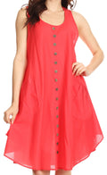 Sakkas Lina Mid Length Casual Summer Tent Swing Sleeveless Dress With Pockets#color_HotCoral