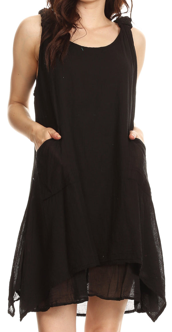 Sakkas Genna Two Layer Sleeveless Ruched Shoulder Straps Round Neck Tent Dress#color_Black
