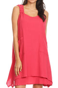 Sakkas Genna Two Layer Sleeveless Ruched Shoulder Straps Round Neck Tent Dress#color_HotCoral