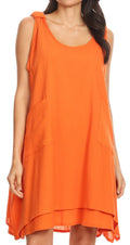 Sakkas Genna Two Layer Sleeveless Ruched Shoulder Straps Round Neck Tent Dress#color_Orange