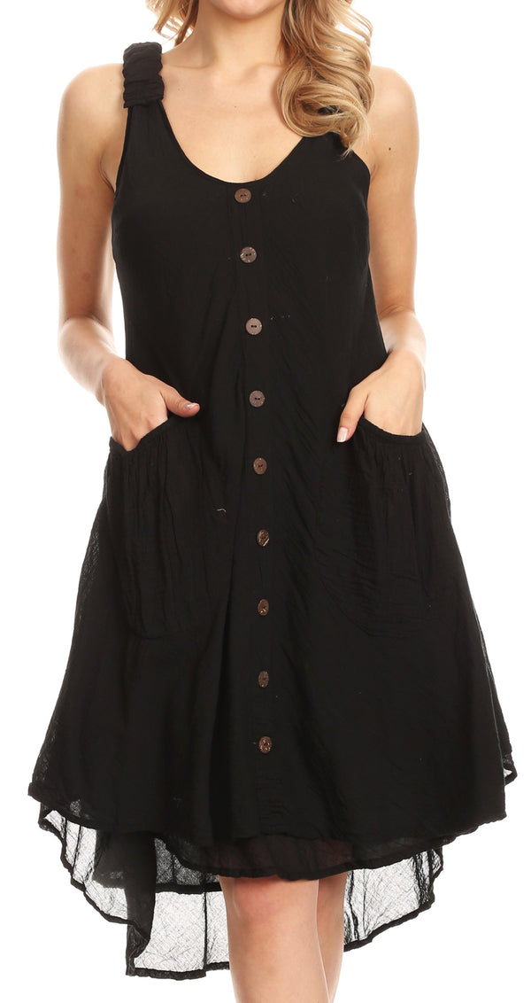 Sakkas Lian Womens Light Crinkle Summer Midi Dress Sleeveless Flowy with Pockets#color_Black