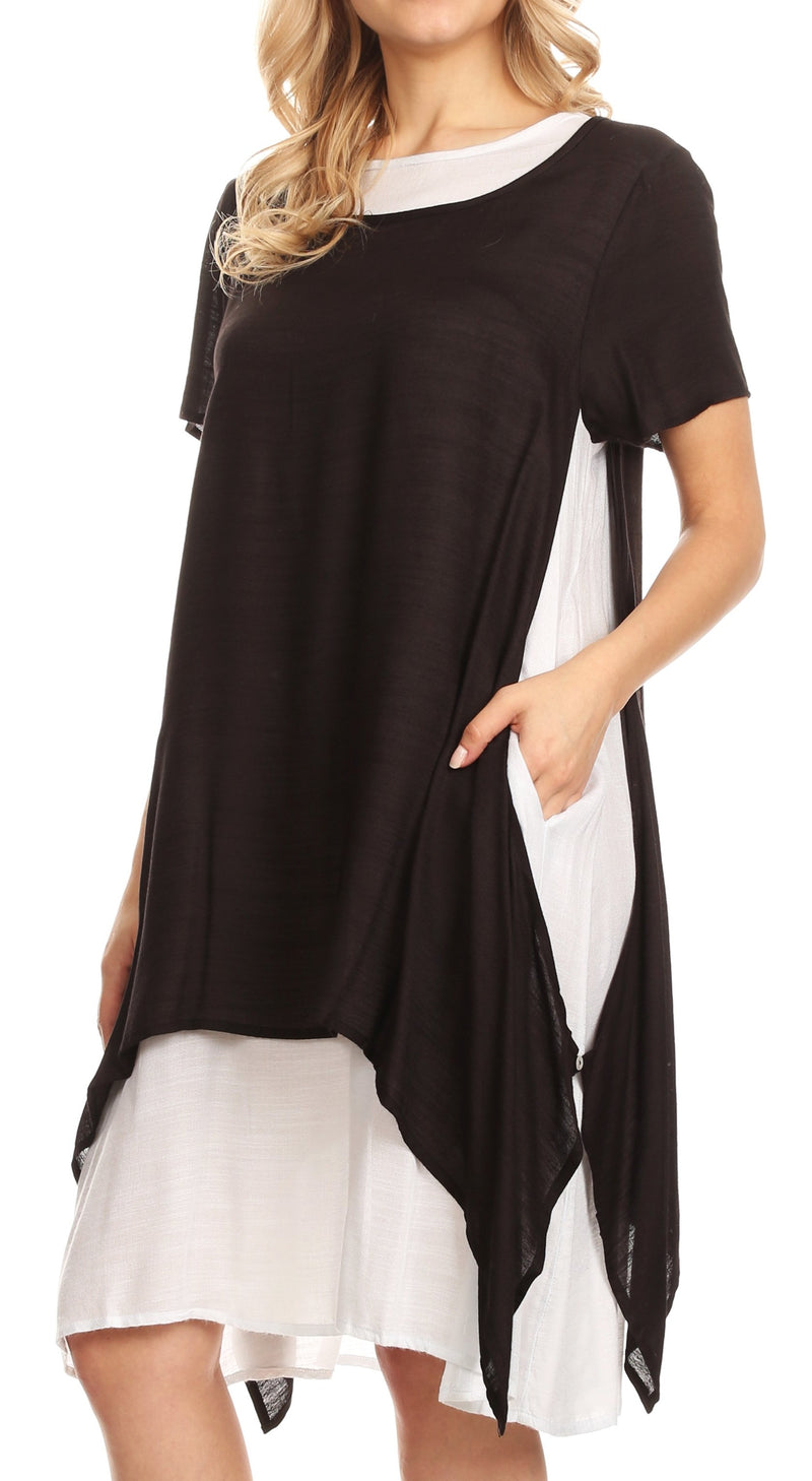 Sakkas Arina Midi Double Layered Short Sleeve Dress Solid with Pockets