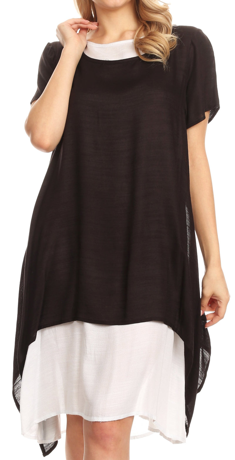 Sakkas Arina Midi Double Layered Short Sleeve Dress Solid with Pockets