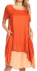 Sakkas Arina Midi Double Layered Short Sleeve Dress Solid with Pockets#color_Burnt Orange 