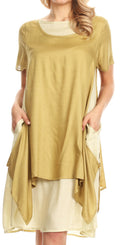 Sakkas Arina Midi Double Layered Short Sleeve Dress Solid with Pockets#color_Olive Green 