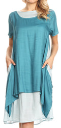 Sakkas Arina Midi Double Layered Short Sleeve Dress Solid with Pockets#color_Teal 