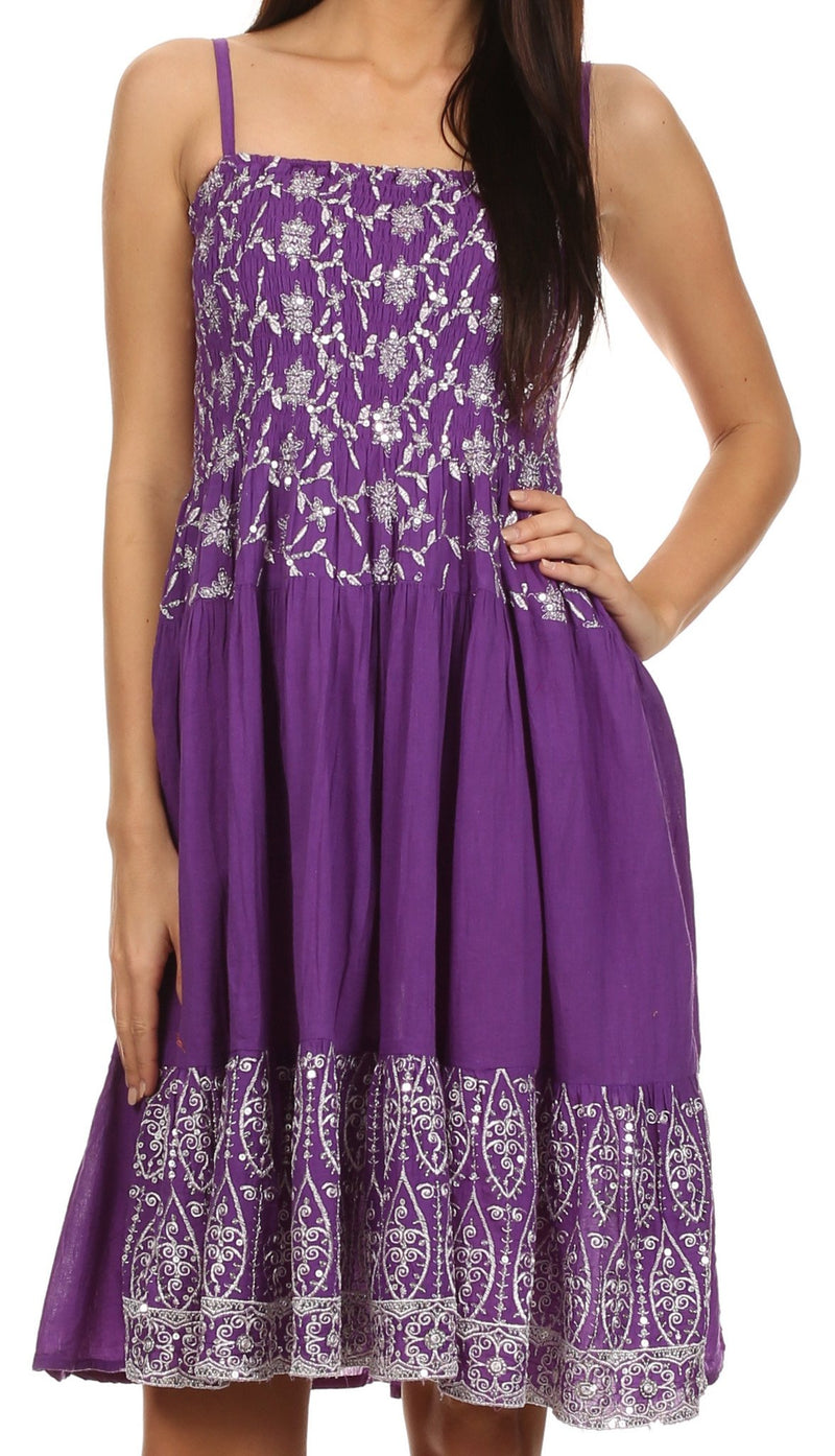Sakkas Irina Sequin Embroidered Smocked Bodice Mid Length Dress