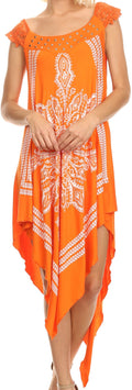 Sakkas Sule Long Sleeveless Tank Top Flower Printed Silver Sparkle Maxi Dress#color_Orange
