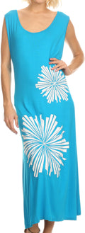 Sakkas Cilva Long Maxi Tapered Floral Paisley Printed Metal Design Lace Tank Dress#color_Turquoise