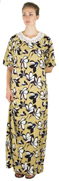 Sakkas Maha Soft Womens Short Sleeve Nightgown Sleep Dress Breathable No Bunch Up #color_Khaki-floral