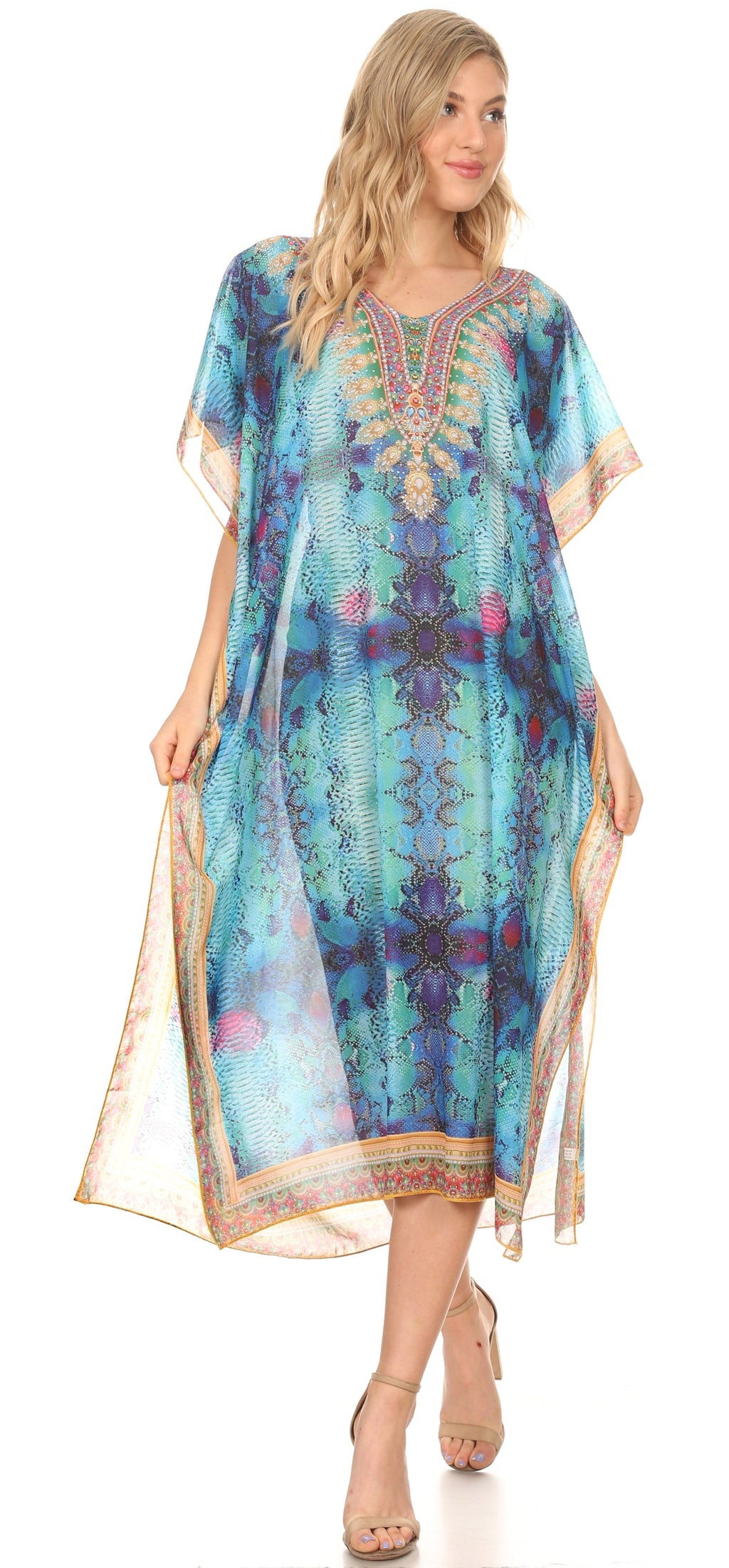 MKY Astryd Women's Flowy Maxi Long Caftan Dress Cover Up with Rhinesto