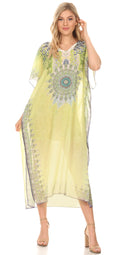 MKY Astryd Women's Flowy Maxi Long Caftan Dress Cover Up with Rhinestone#color_TribalYellow