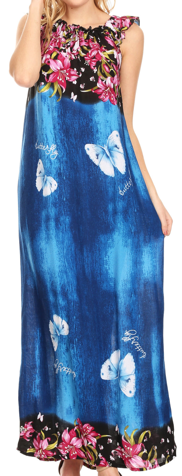 Sakkas Abby Womens Casual Long Tropical Off Shoulder Dress Elastic & Floral Print#color_Blue