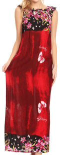 Sakkas Abby Womens Casual Long Tropical Off Shoulder Dress Elastic & Floral Print#color_Burgundy 