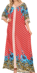 Sakkas Sabra Womens Long Casual Cover-up Tunic Kaftan V neck Dress#color_1917-Fuchsia