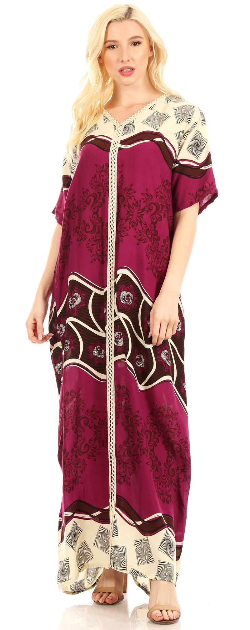 Sakkas Sabra Womens Long Casual Cover-up Tunic Kaftan V neck Dress