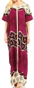 Sakkas Sabra Womens Long Casual Cover-up Tunic Kaftan V neck Dress#color_Fuchsia