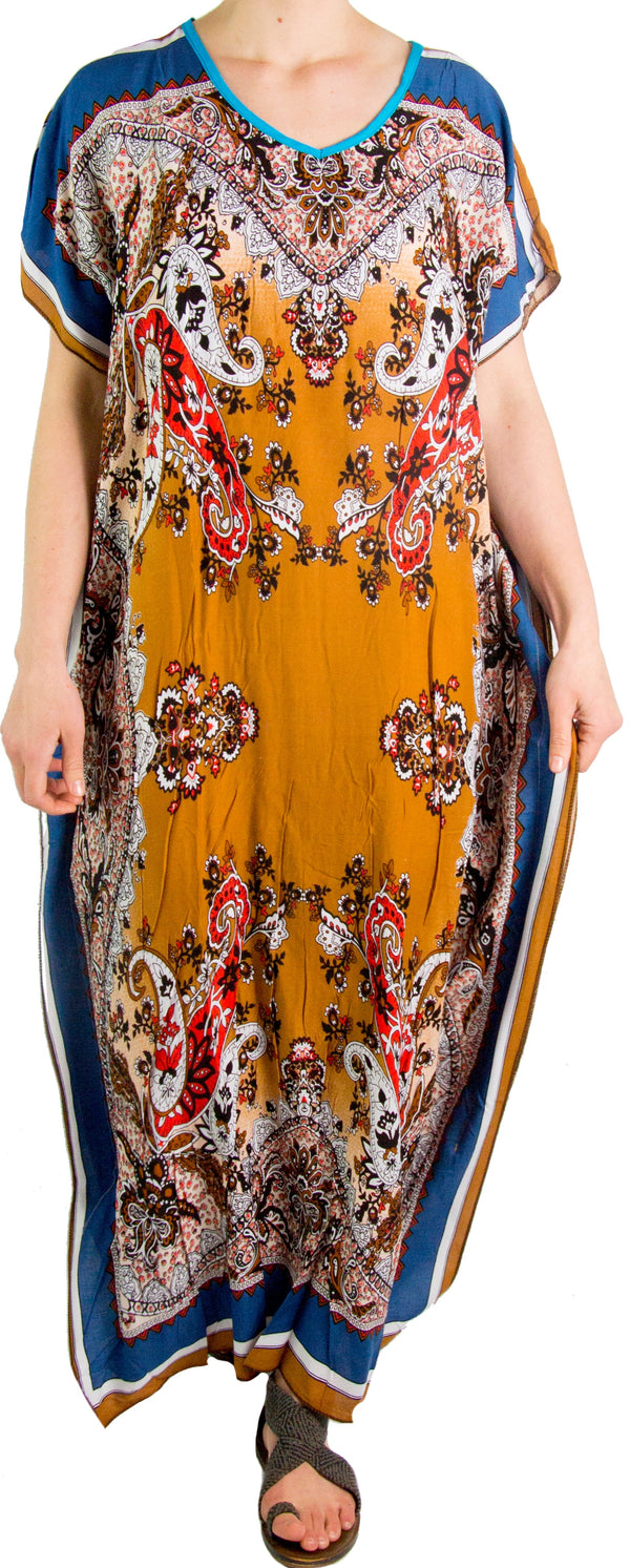 Sakkas Aggy Womens Dashiki African Print Caftan Dress Maxi Boho Hippie Colorful#color_Blue / Brown