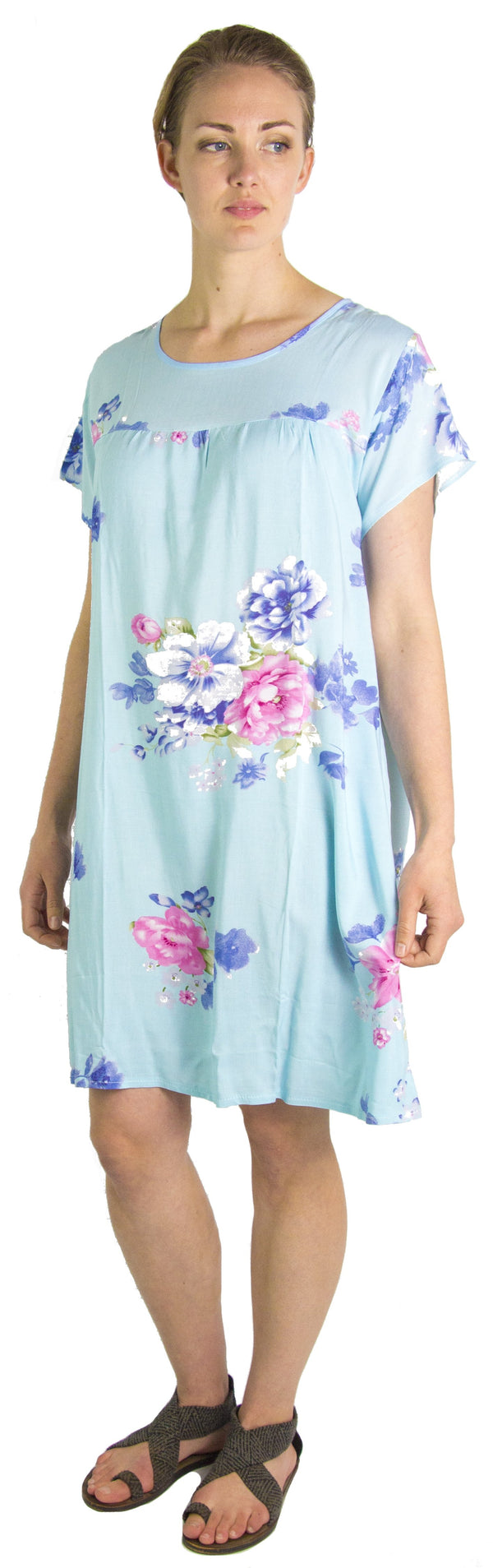 Sakkas Aila Women Summer Casual Short Sleeve Flowy Cover up Dress Floral Print#color_BabyBlue