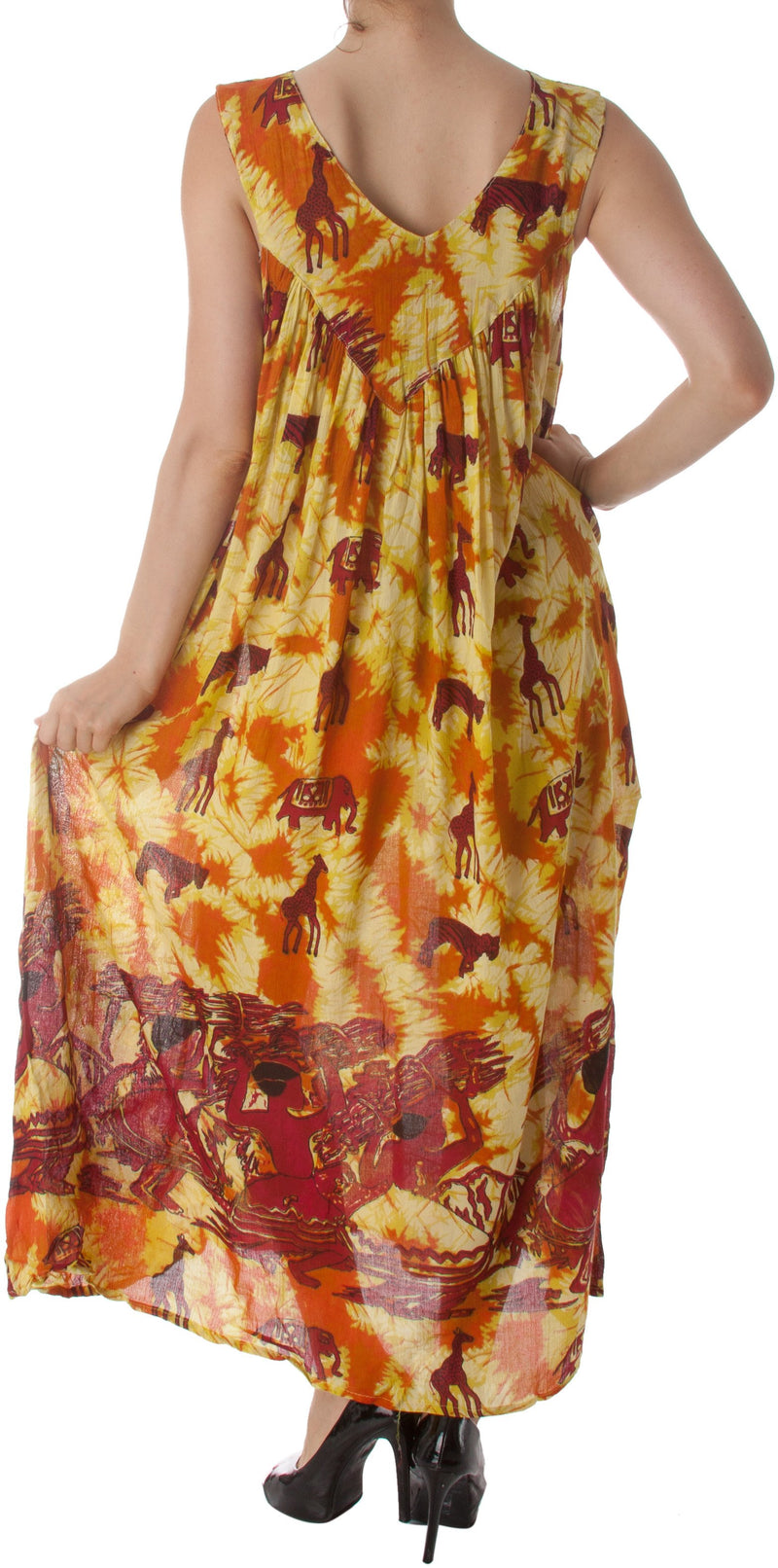 Safari Animal Print Gauzy Tie-Dye Casual Sleeveless Umbrella Maxi Dress