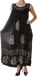 Batik Paisley Print Gauzy Tie-Dye Casual Sleeveless Umbrella Maxi Dress#color_Black