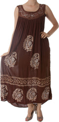 Batik Paisley Print Gauzy Tie-Dye Casual Sleeveless Umbrella Maxi Dress#color_Chocolate Brown